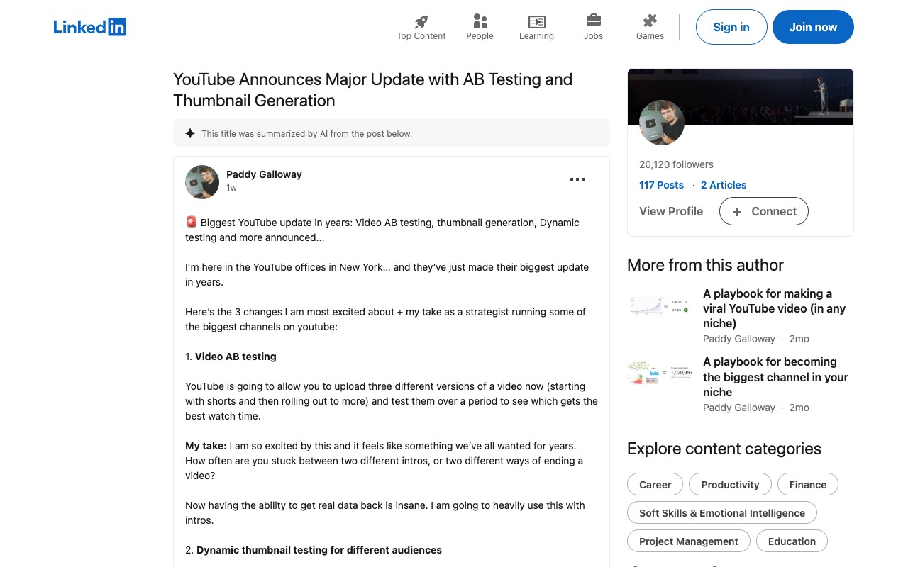 LinkedIn post by Paddy Galloway describing video A/B testing announced at YouTube offices in New York
