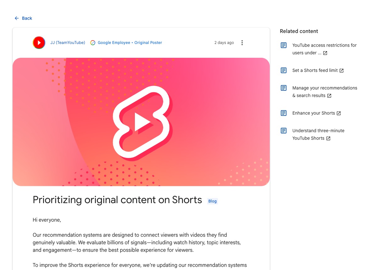 TeamYouTube community post titled Prioritizing original content on Shorts, posted by JJ from TeamYouTube