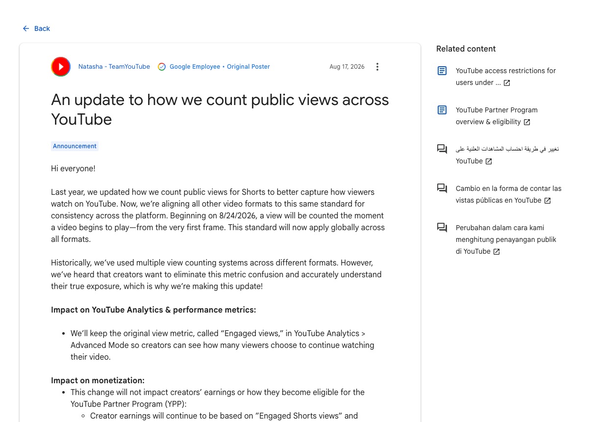TeamYouTube community post from August 17, 2026 titled An update to how we count public views across YouTube