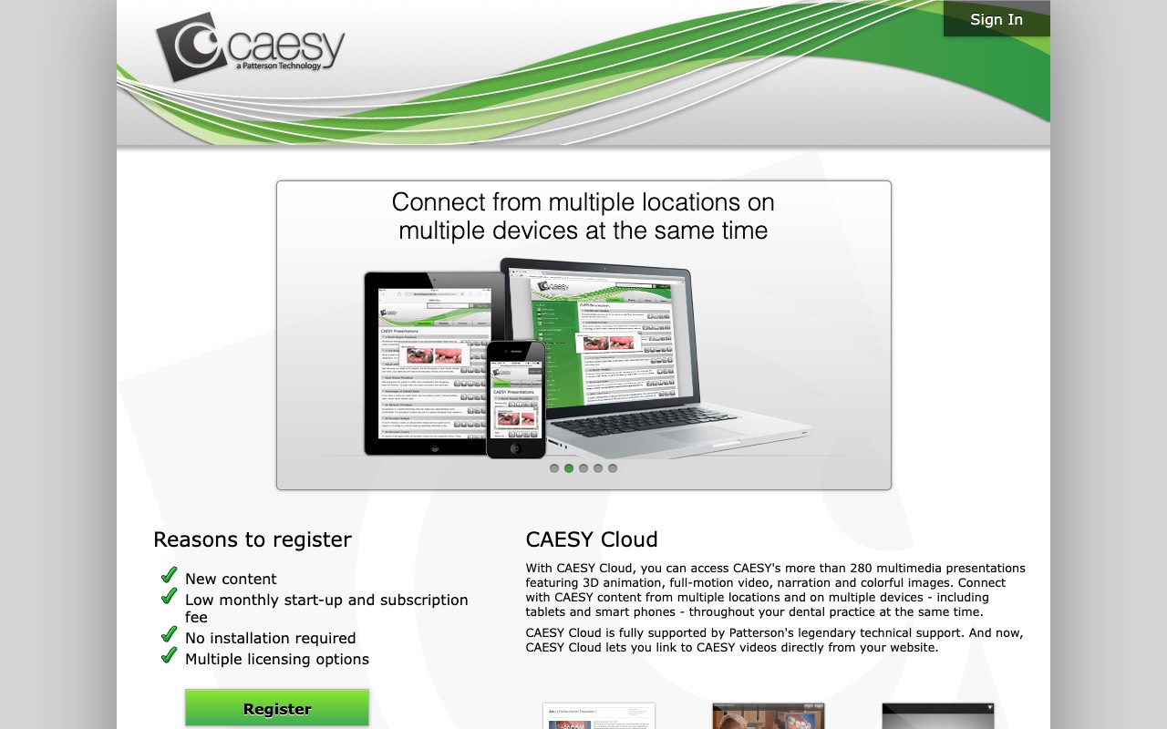 CAESY Cloud website with the product name, a Register button, and a link to the presentation list