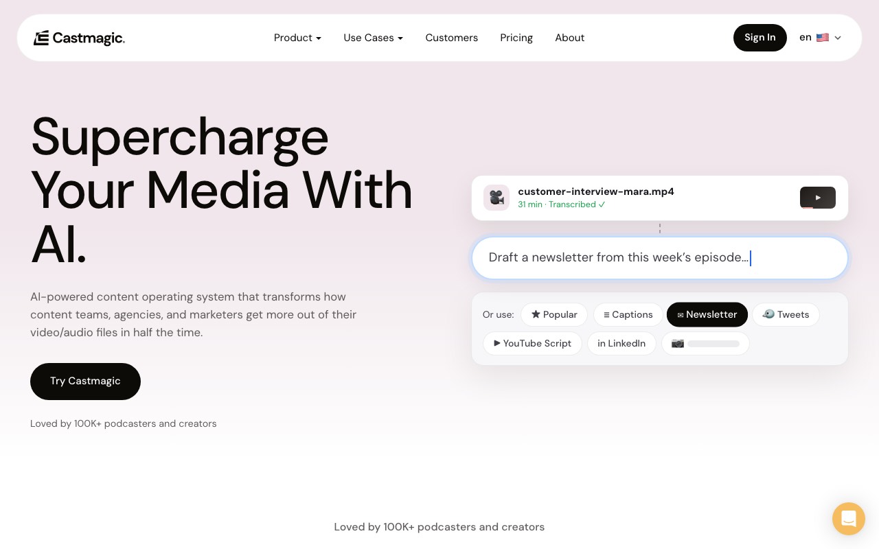 Castmagic homepage with the headline Supercharge Your Media With AI