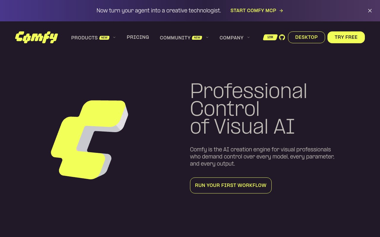 Comfy homepage describing an AI creation engine with control over every model and parameter