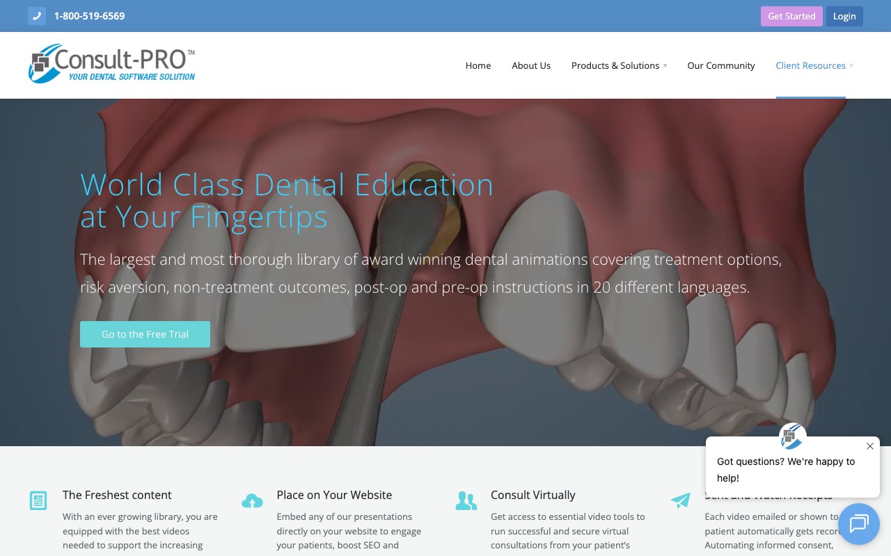 Consult-PRO chairside videos page with the headline Every Dental Patient Education Video You'll Ever Need