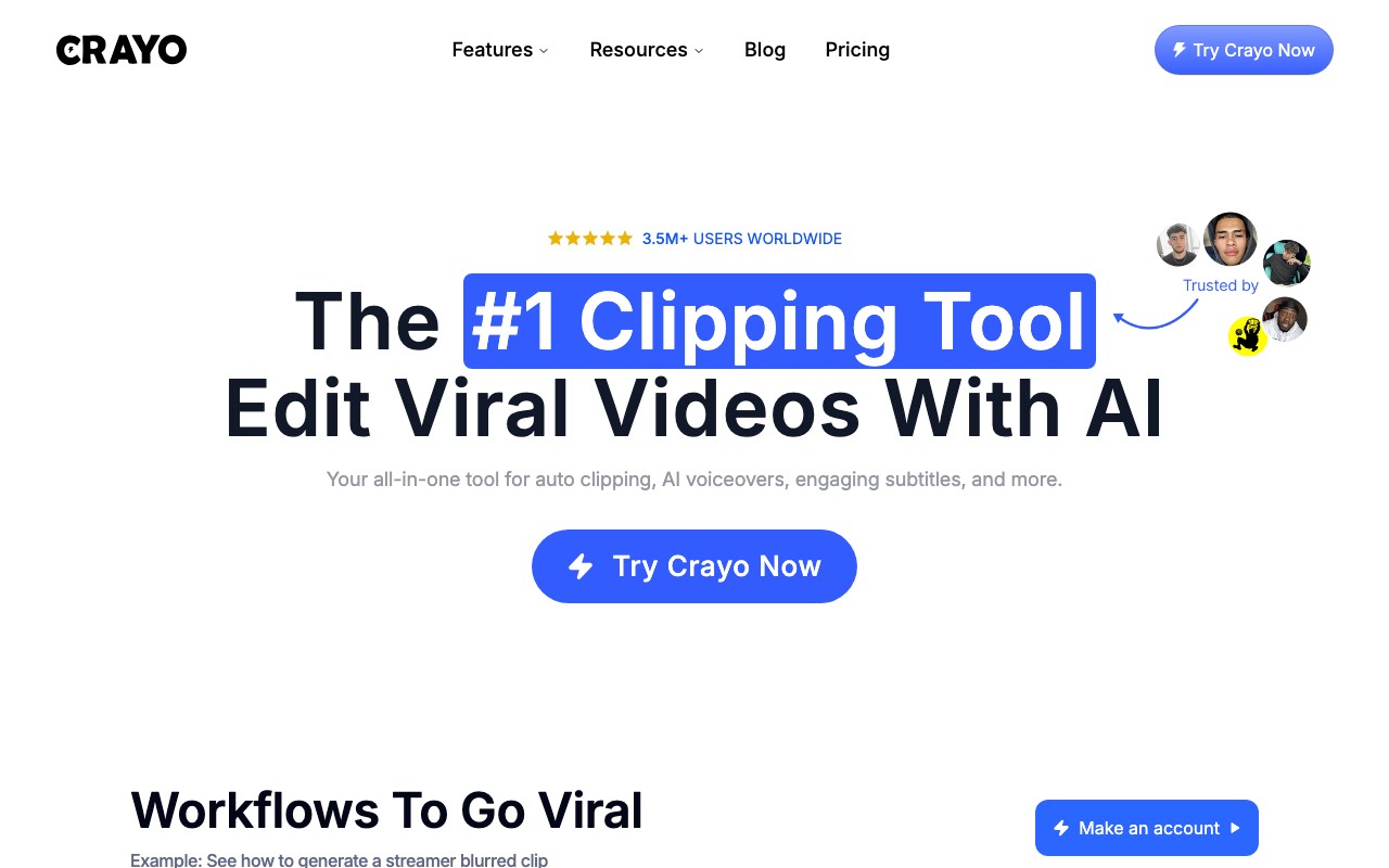 Crayo homepage with the headline The #1 Clipping Tool, Edit Viral Videos With AI