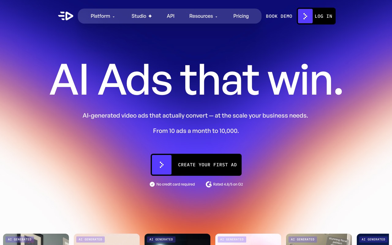 Creatify homepage showing AI UGC video ads generated from a product URL
