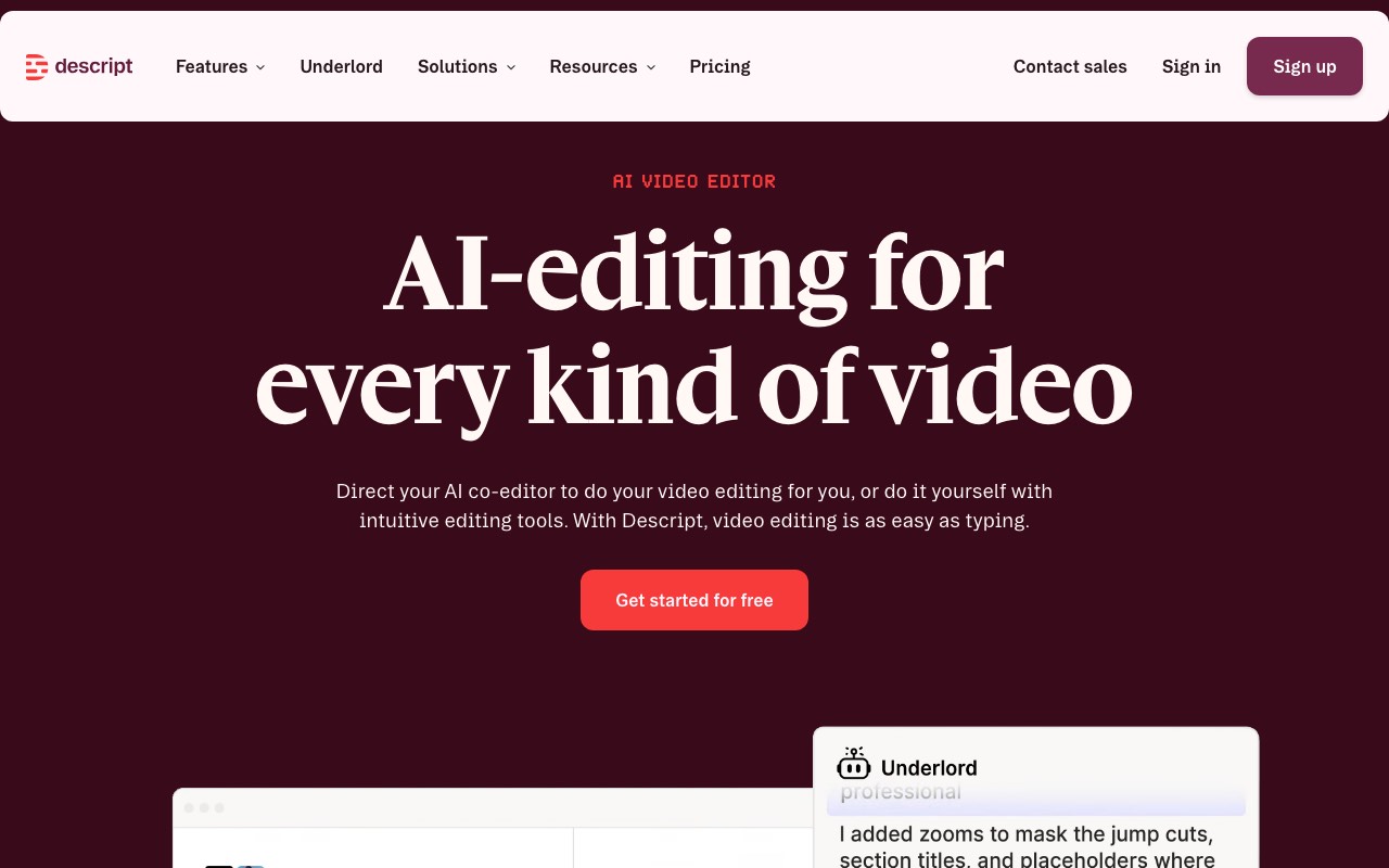 Descript homepage with the headline AI-editing for every kind of video