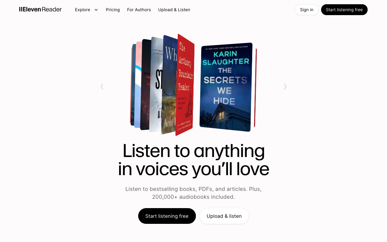 ElevenReader homepage with the headline about listening to anything in voices you will love