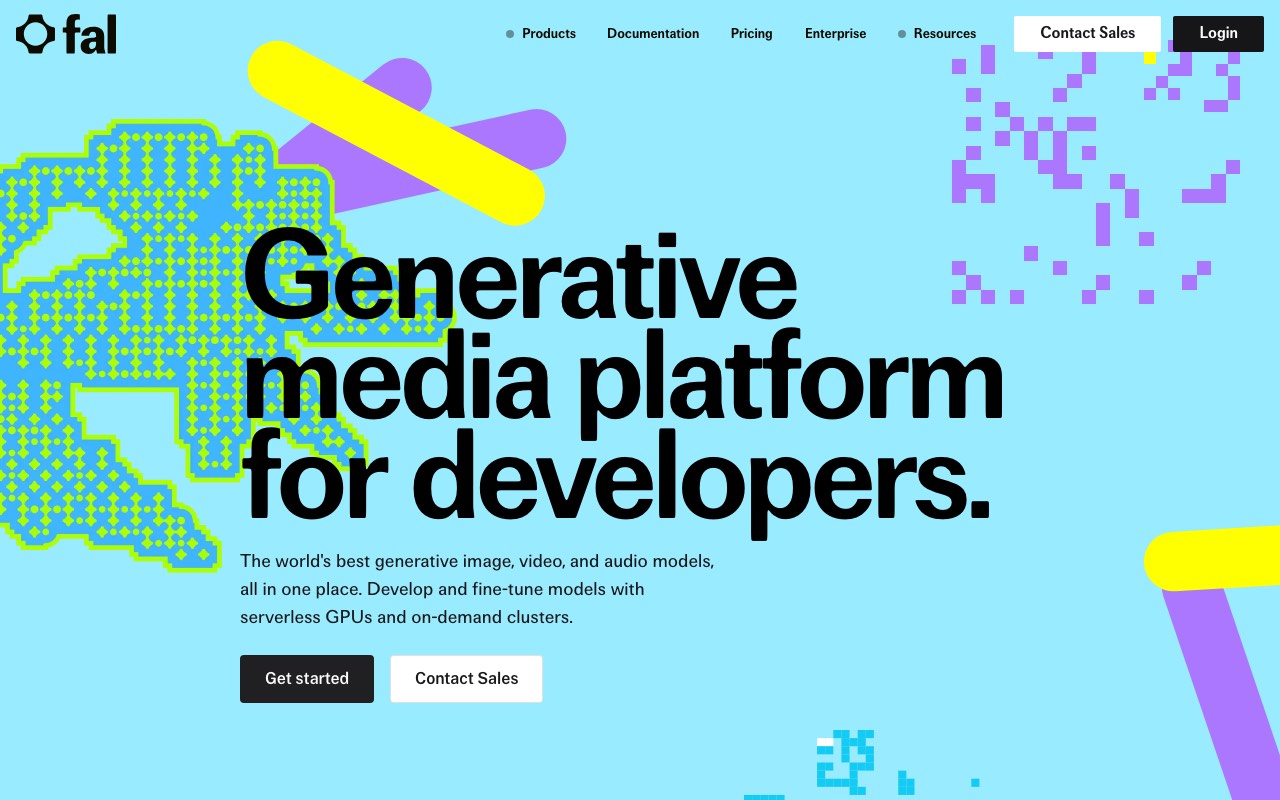fal.ai homepage describing a generative media platform for developers with image, video, and audio models
