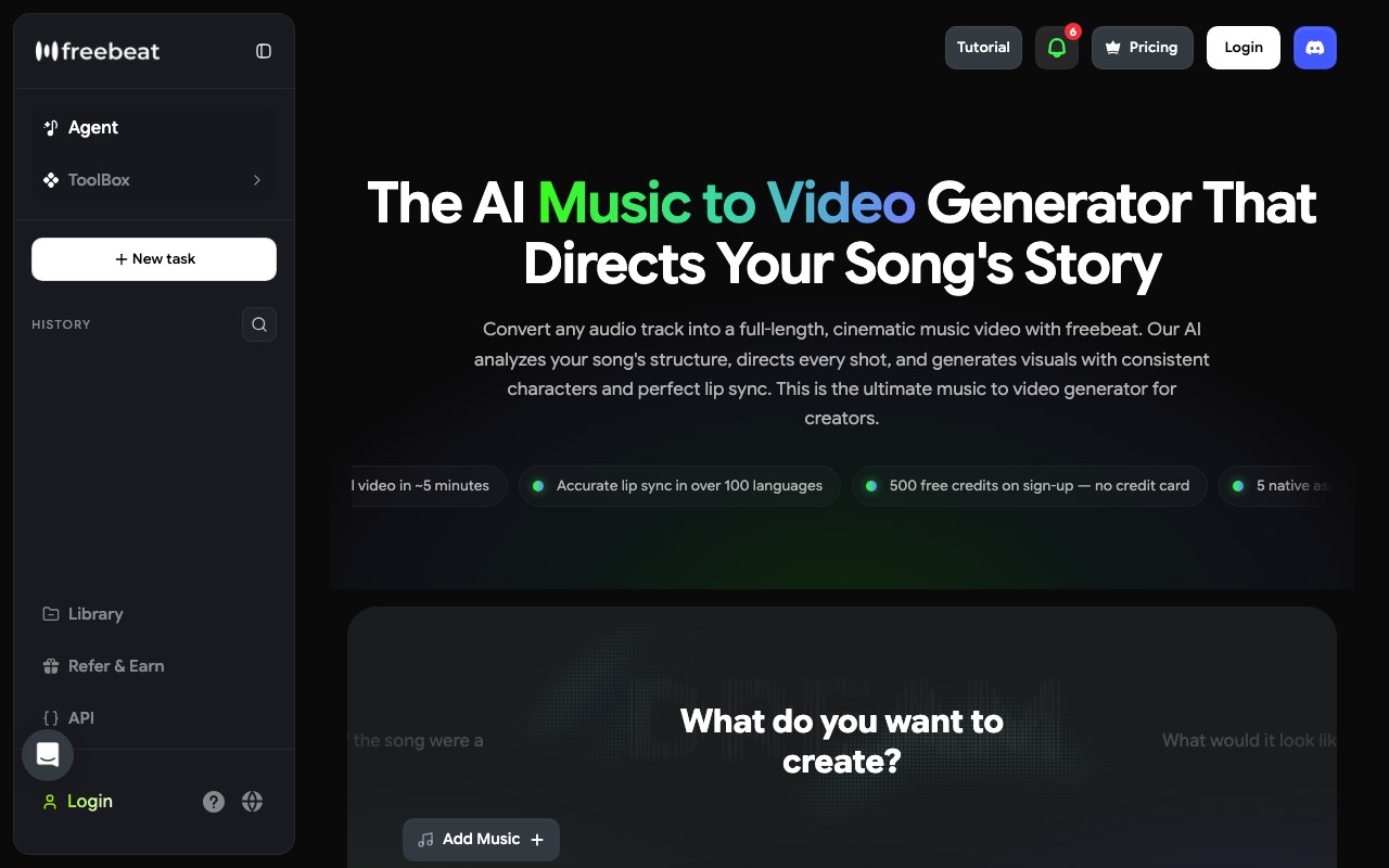 Freebeat music-to-video page headlined The AI Music to Video Generator That Directs Your Song's Story, listing 500 free credits on sign-up