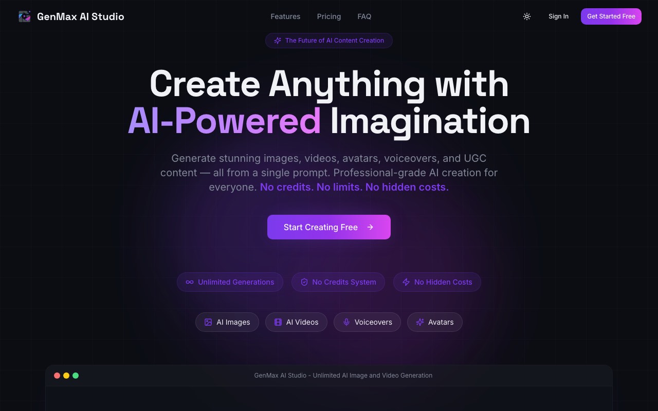 GenMax AI Studio homepage with the headline Create Anything with AI-Powered Imagination, badges for unlimited generations, no credits system, and no hidden costs, and buttons for AI images, AI videos, voiceovers, and avatars