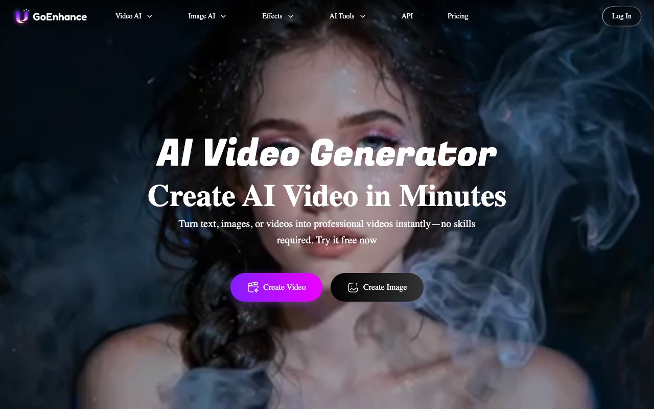 GoEnhance AI homepage headlined AI Video Generator, offering text, image, and video to video conversion