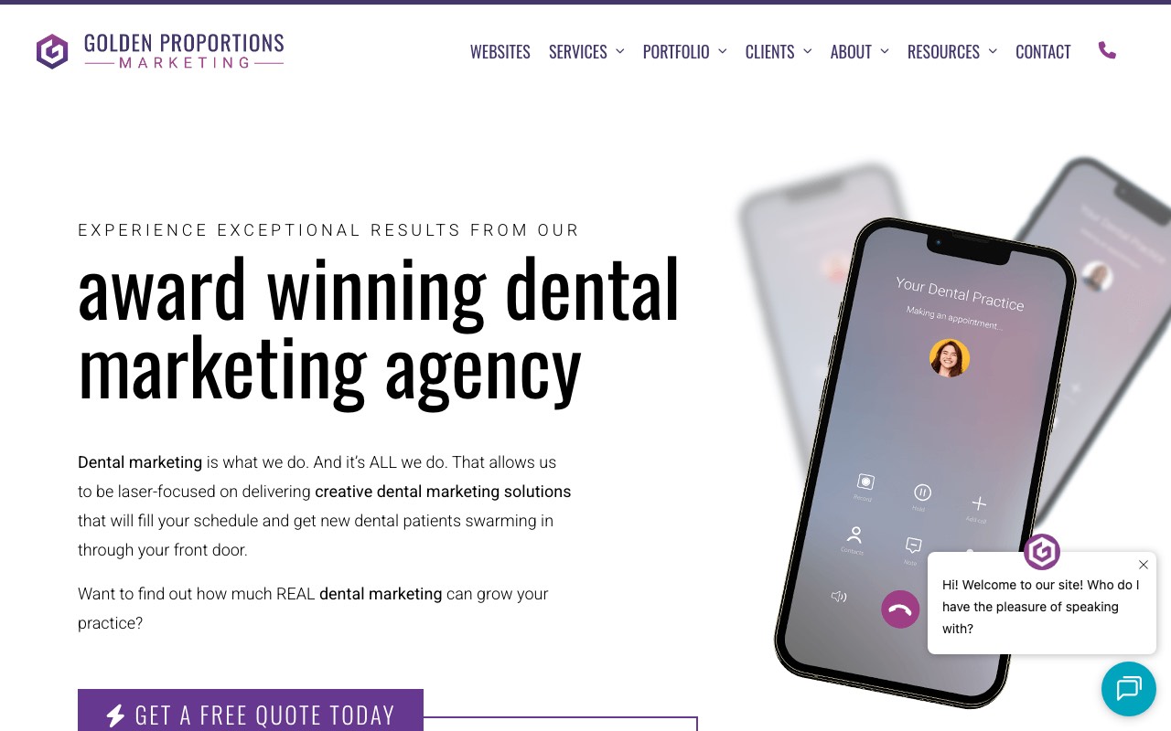 Golden Proportions Marketing homepage with the headline award winning dental marketing agency and the line Dental marketing is what we do, and it's all we do