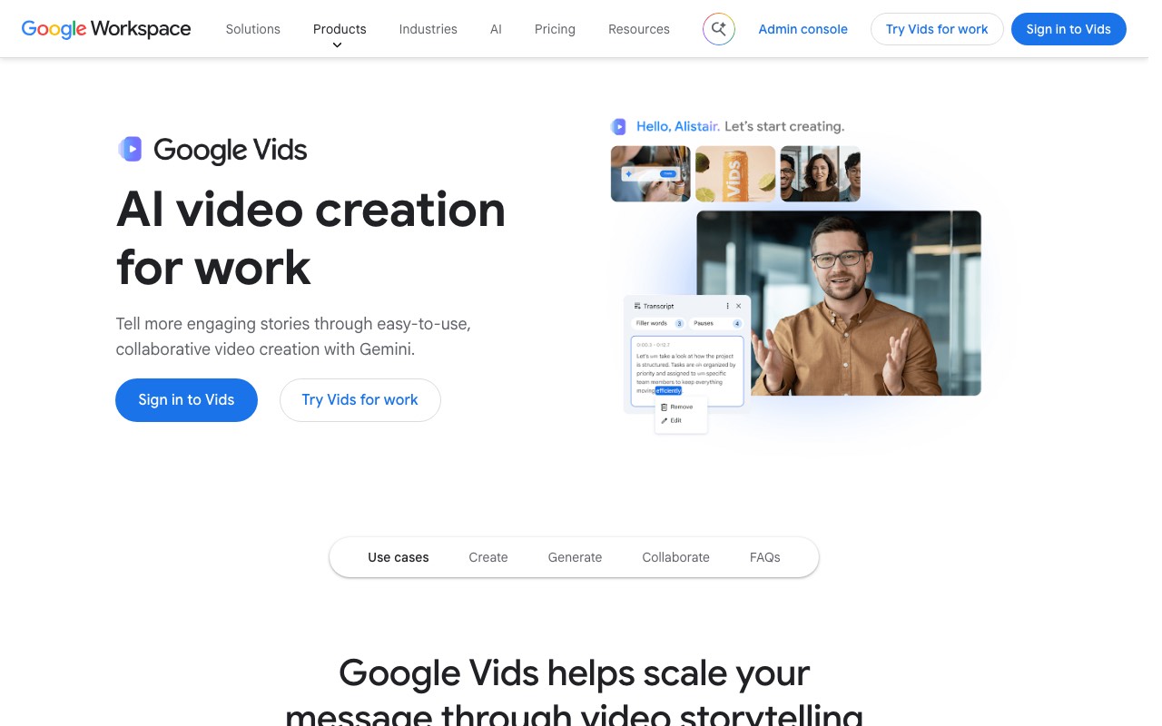 Google Vids product page with the headline AI video creation for work