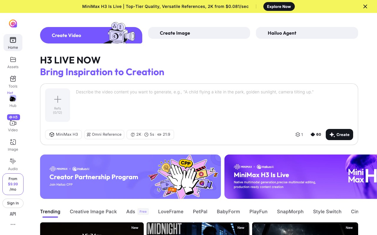 Hailuo AI homepage on launch day showing a MiniMax H3 announcement bar and the H3 model selected in the video creation panel