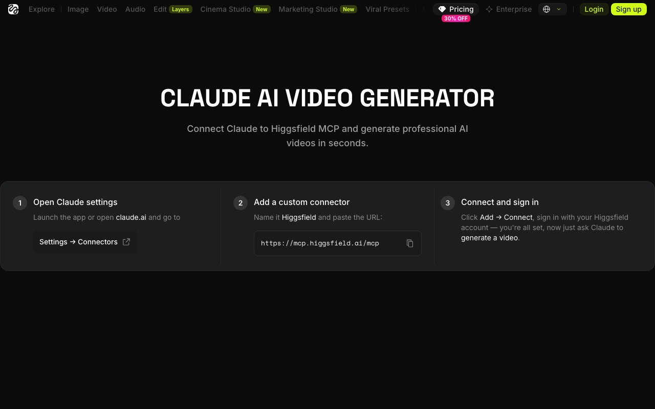 Higgsfield's Claude AI video generator page showing the three step MCP connector setup and the server URL