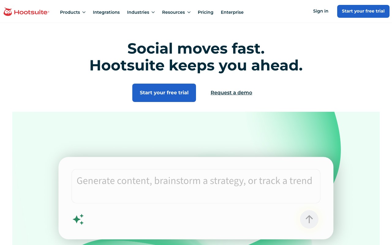 Hootsuite homepage showing its social media management tool