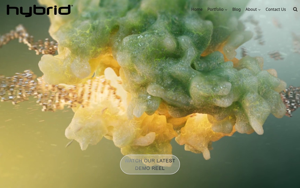 Hybrid Medical Animation homepage describing thousands of animations, illustrations, and interactive experiences for complex stories in medicine and science
