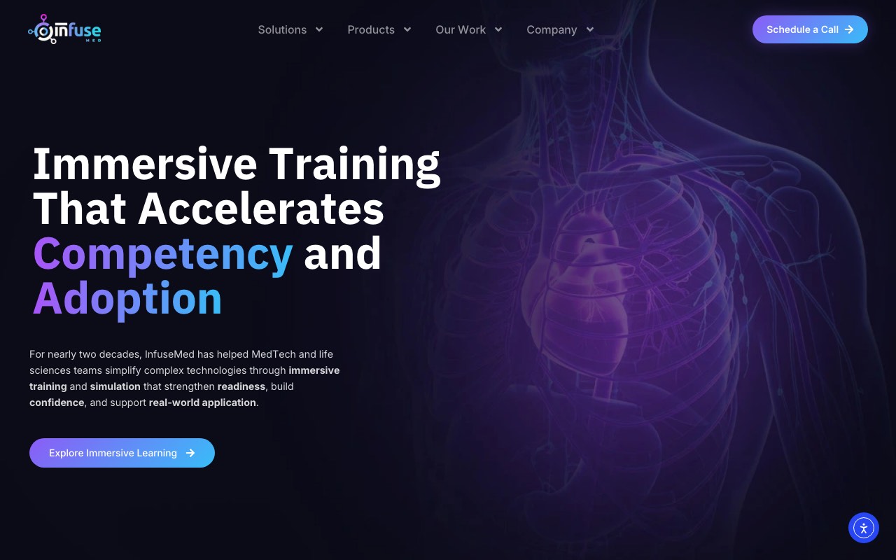 InfuseMed homepage with the headline Immersive Training That Accelerates Competency and Adoption next to a translucent torso showing the heart
