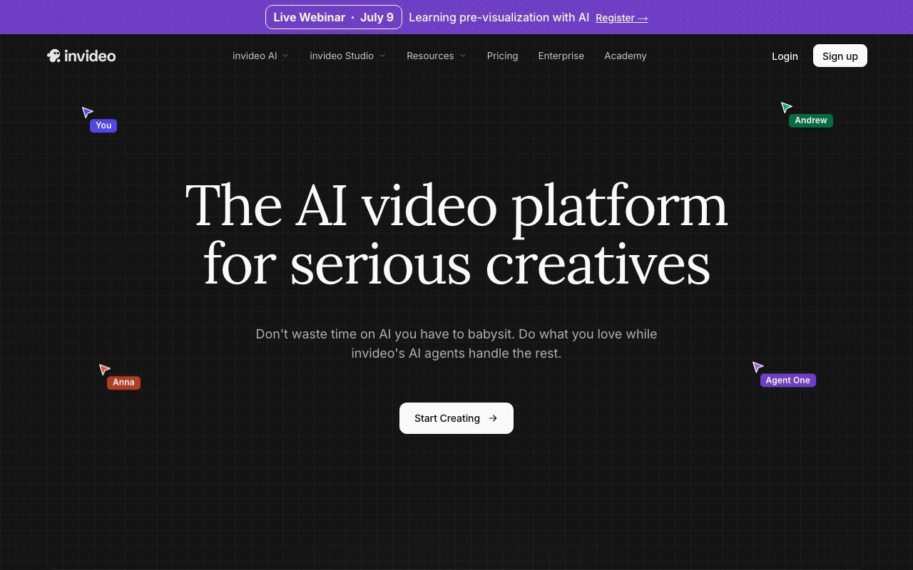 InVideo AI homepage showing its prompt-based AI video platform