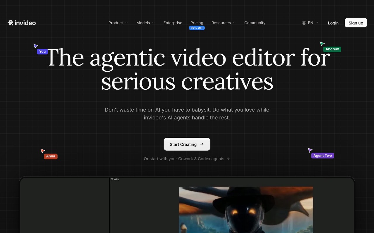 InVideo homepage with the headline The agentic video editor for serious creatives