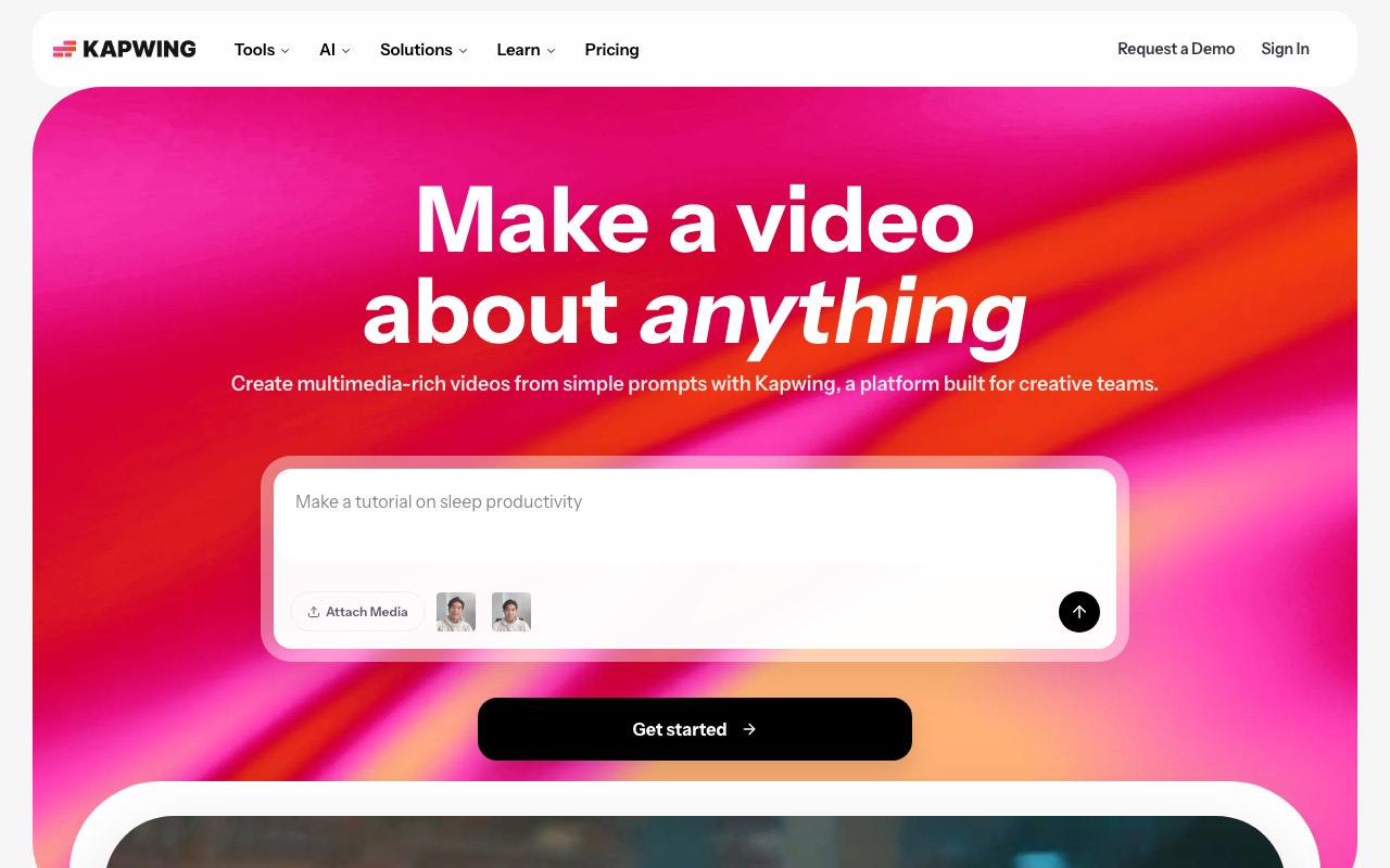 Kapwing homepage with the headline Make a video about anything and a prompt box