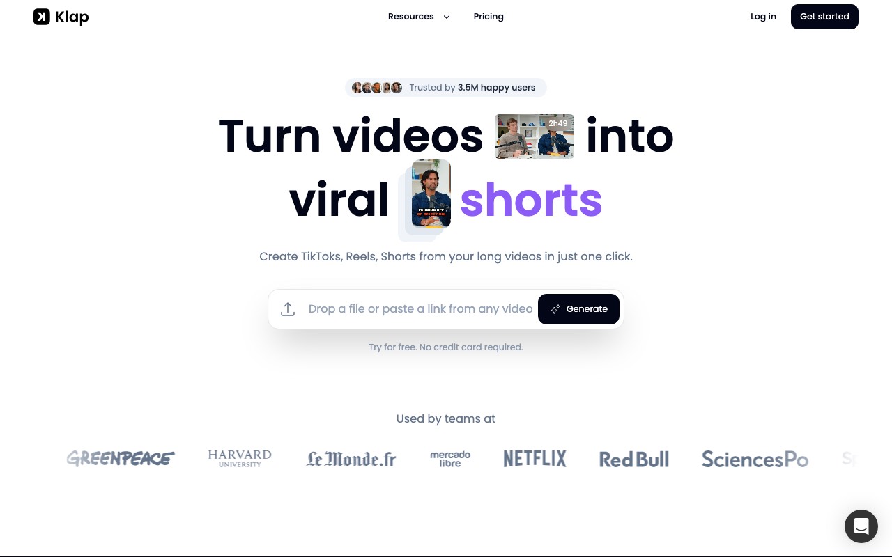Klap homepage with the headline Turn videos into viral shorts and a box to drop a file or paste a video link
