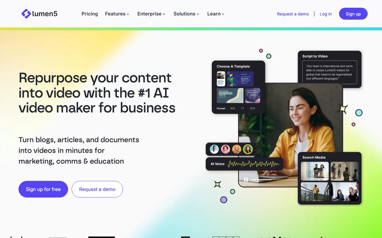 Lumen5 homepage with the headline about repurposing content into video for business