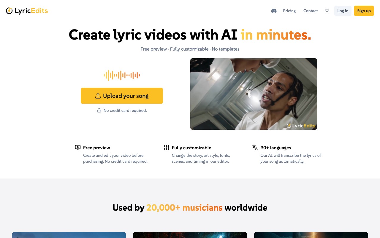 LyricEdits homepage headlined Create lyric videos with AI in minutes, with an upload your song button and free preview note