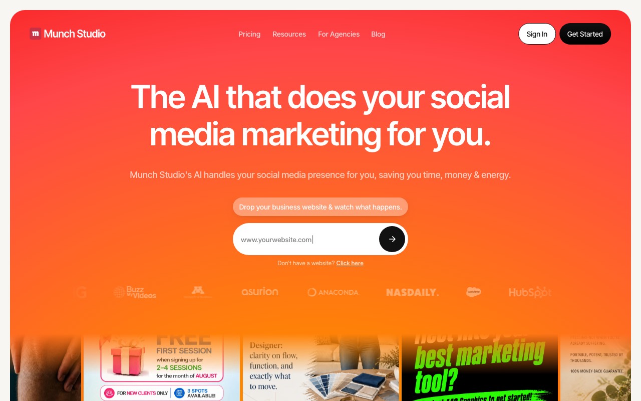 Munch Studio homepage with the headline The AI that does your social media marketing for you