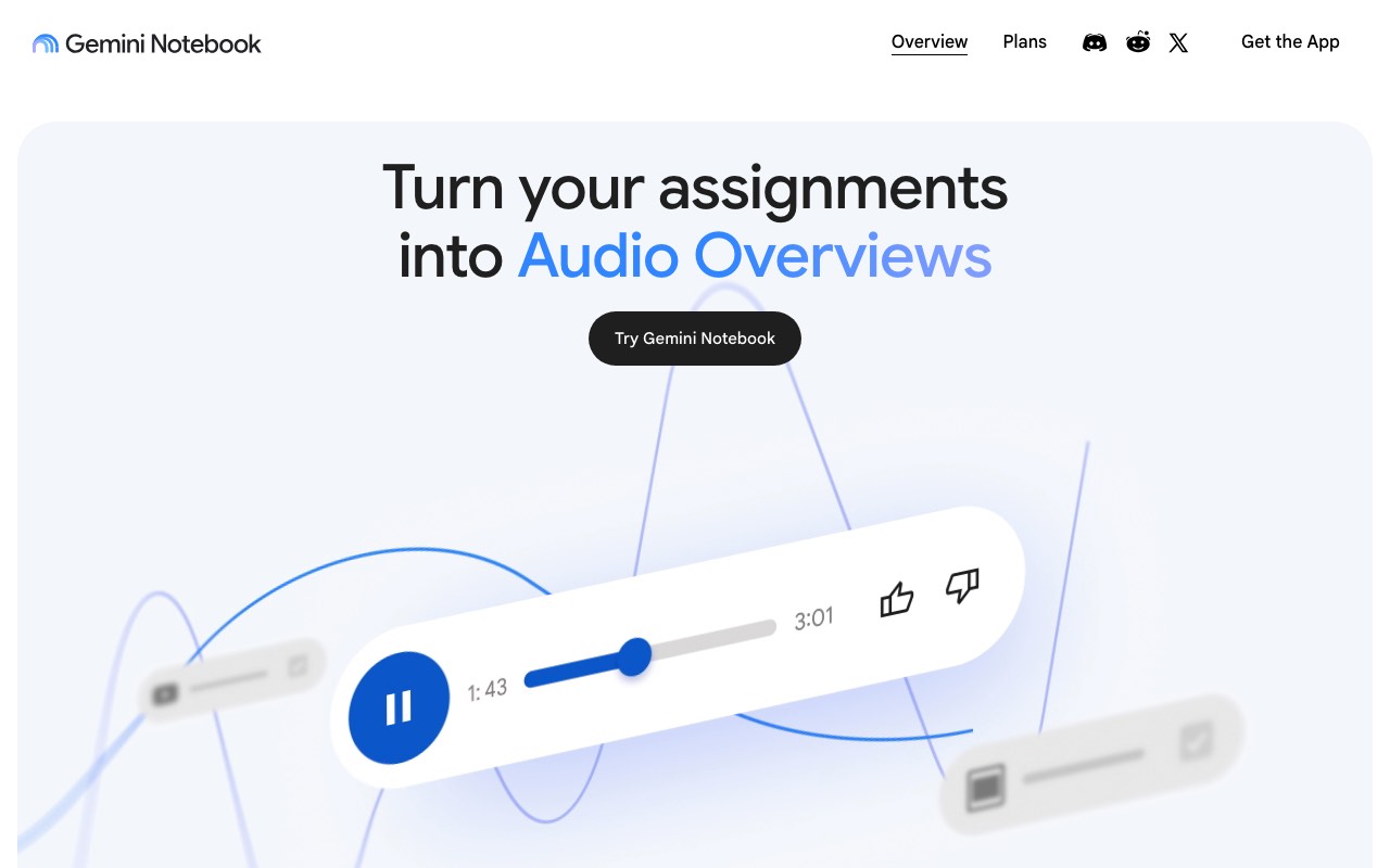 Gemini Notebook homepage, the new name for NotebookLM, showing Audio Overviews