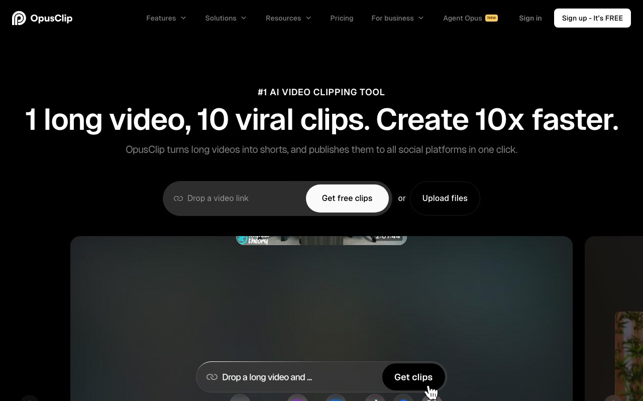 OpusClip homepage showing one long video turned into ten viral clips