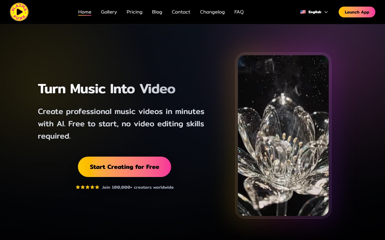 Plazmapunk homepage headlined Turn Music Into Video with a Start Creating for Free button