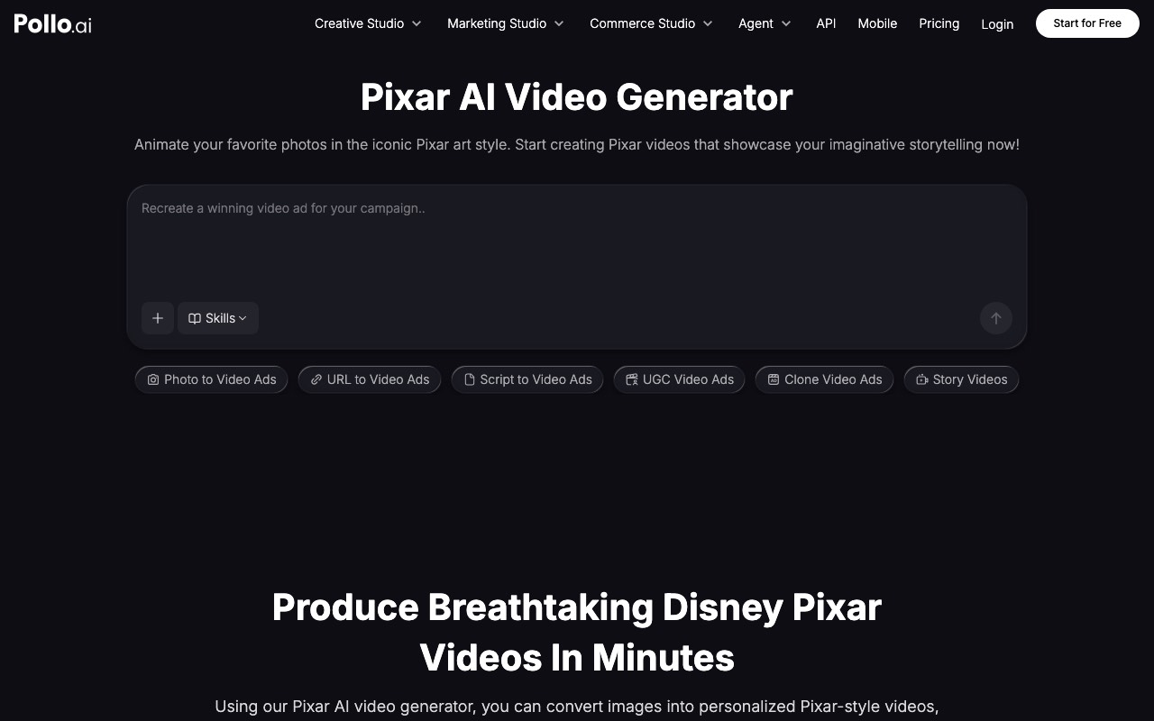 Pollo AI Pixar AI Video Generator page with a prompt box and options for photo to video, script to video, and story videos