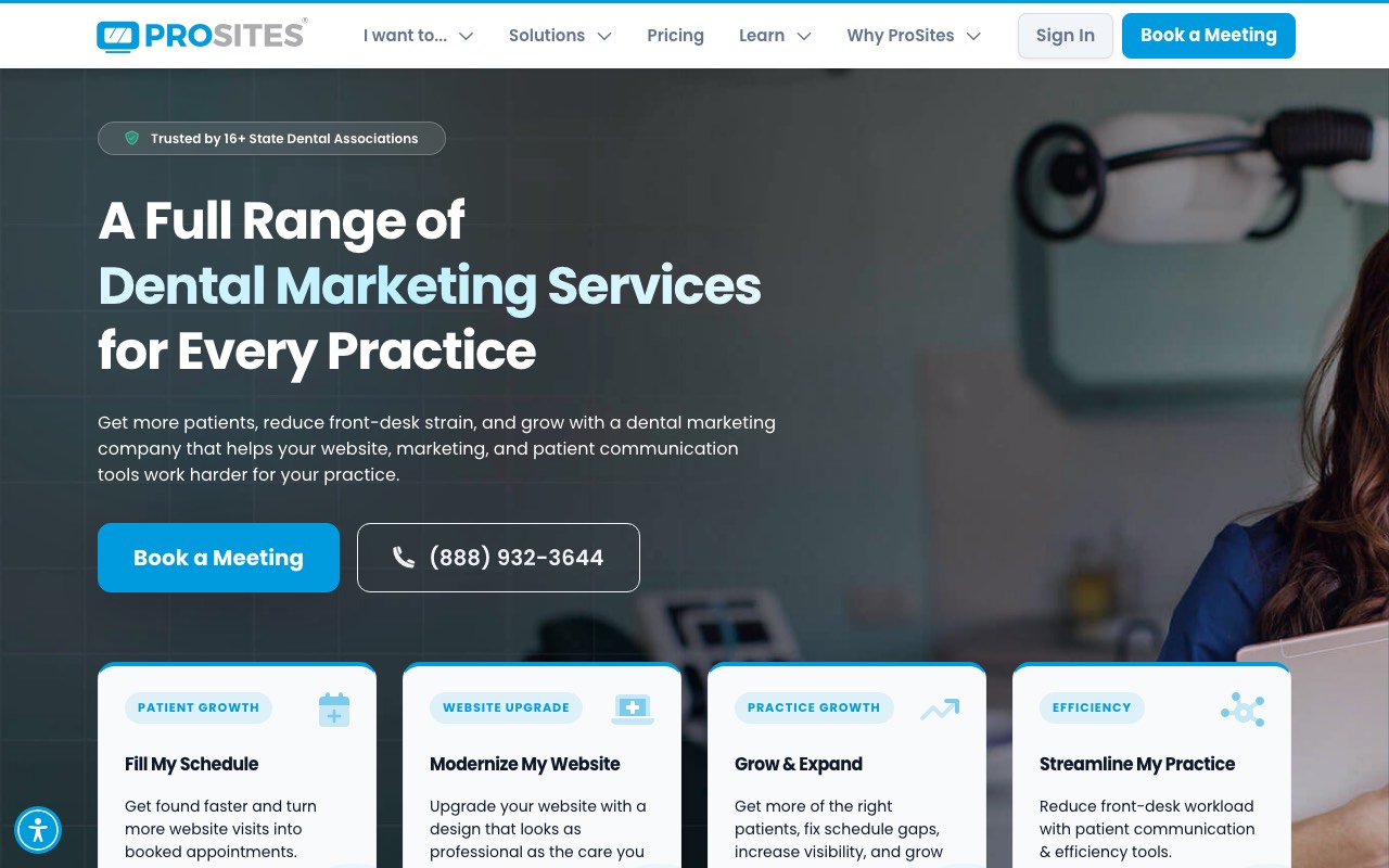 ProSites homepage with the headline A Full Range of Dental Marketing Services for Every Practice and a Trusted by 16+ State Dental Associations badge