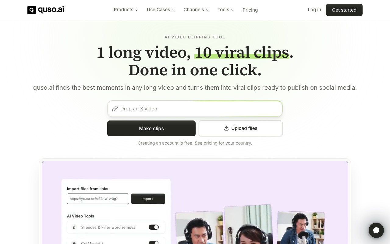 quso.ai homepage with the headline 1 long video, 10 viral clips, done in one click
