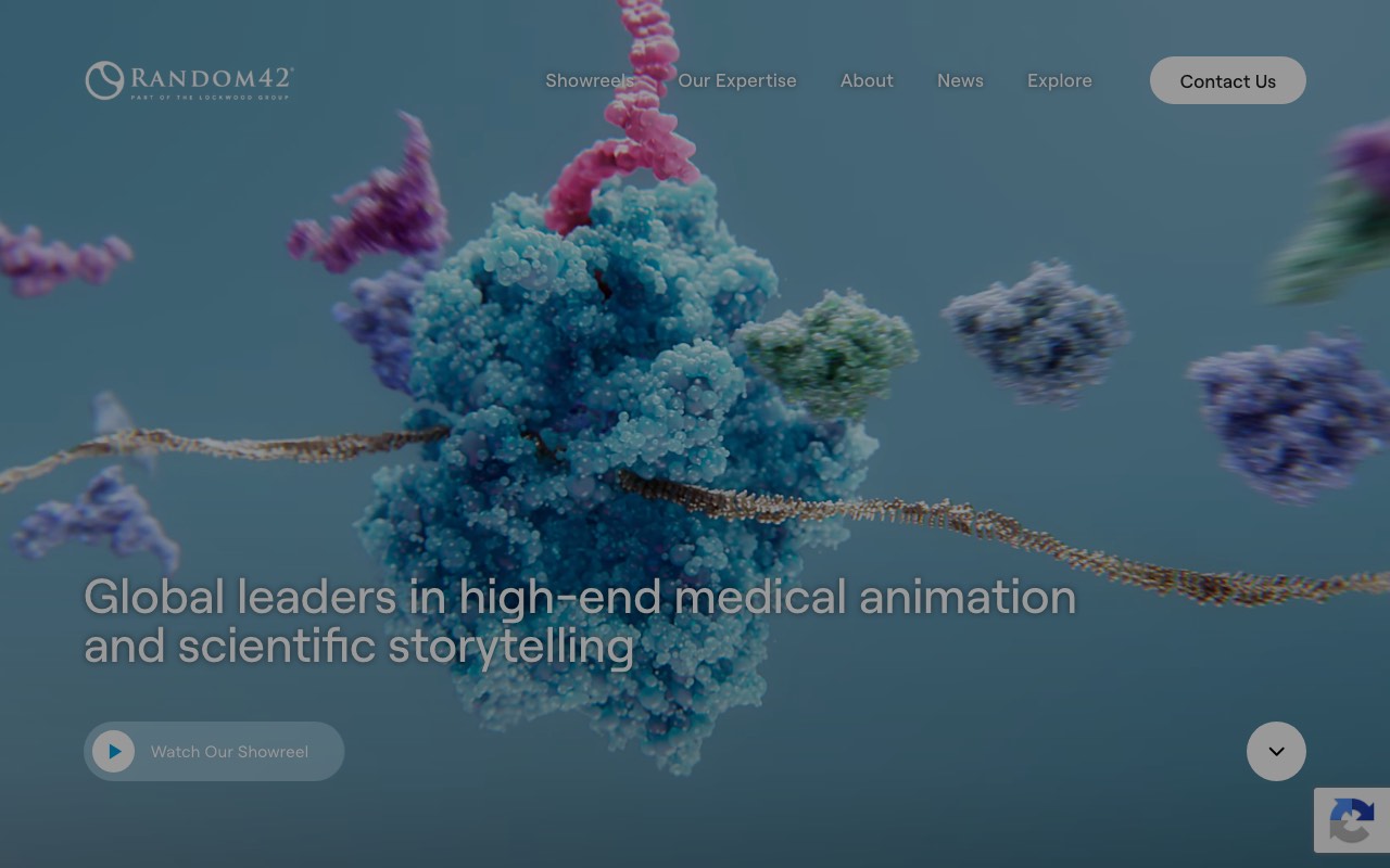 Random42 homepage with the headline Global leaders in high-end medical animation and scientific storytelling over a rendered protein, and a logo marked part of the Lockwood Group