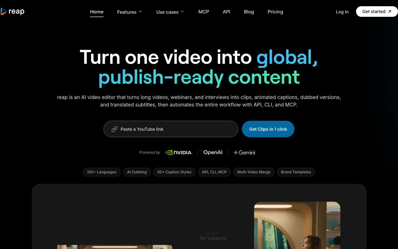 reap homepage with the headline Turn one video into global, publish-ready content and a box to paste a YouTube link