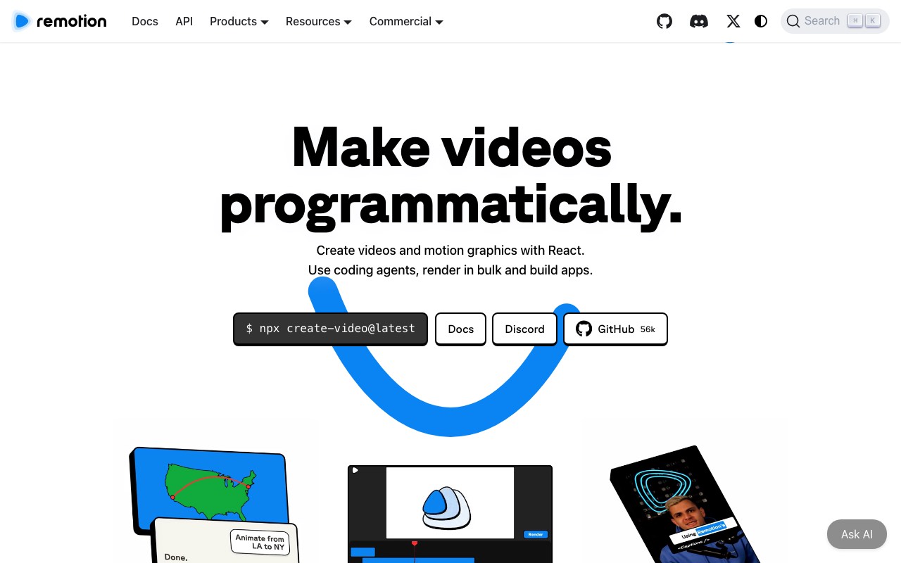 Remotion homepage showing that you can make videos programmatically with React