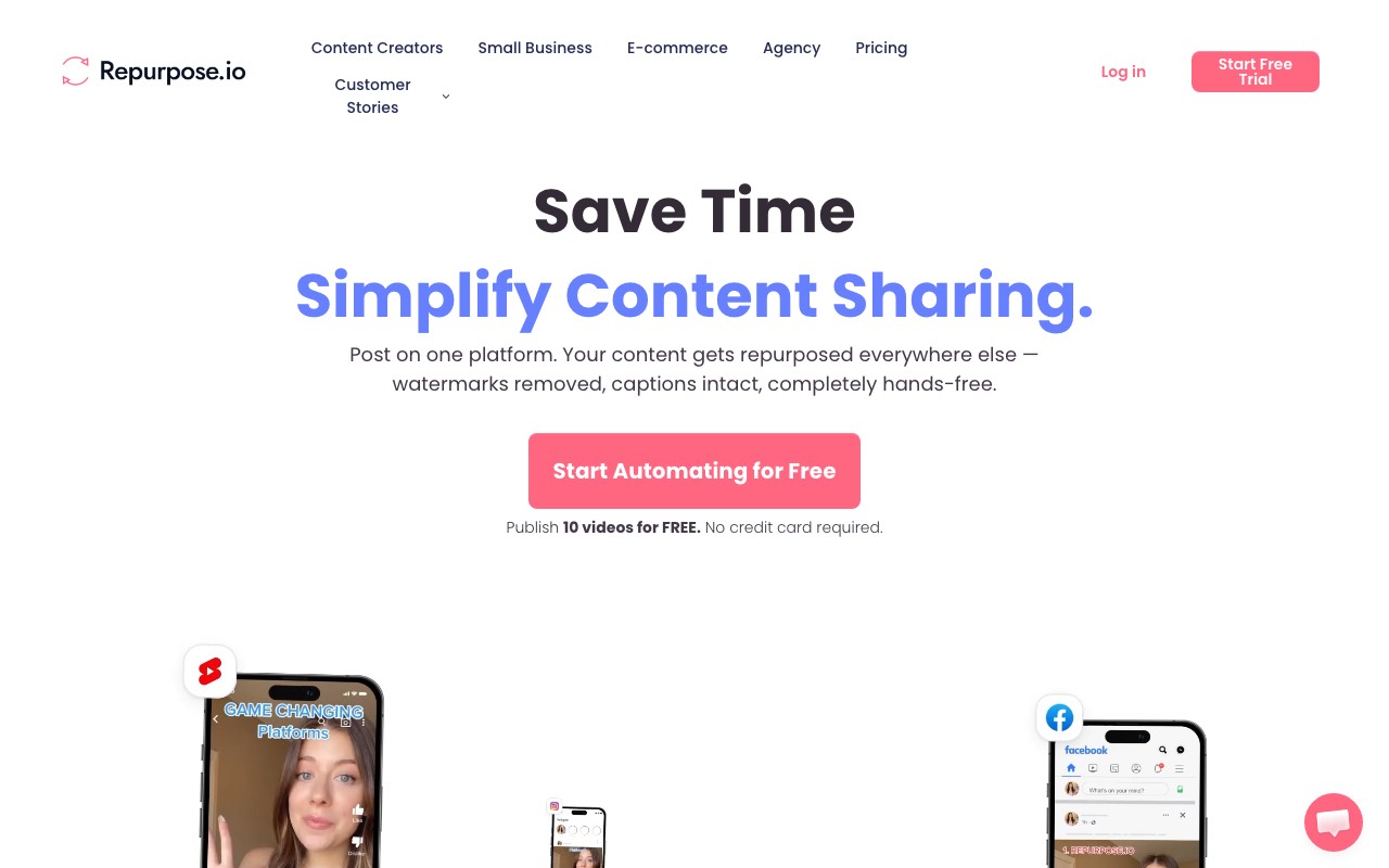 Repurpose.io homepage with the headline Save Time, Simplify Content Sharing