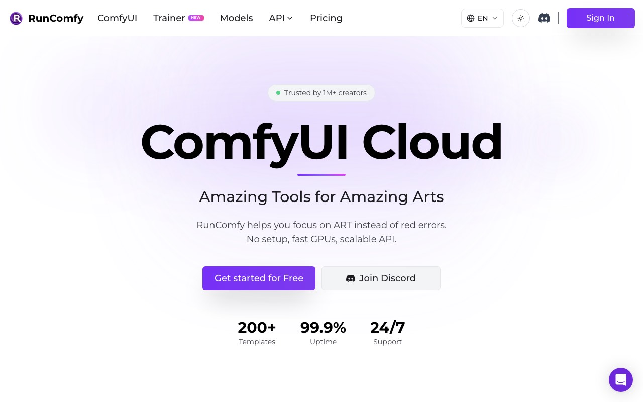 RunComfy homepage headlined ComfyUI Cloud, offering hosted GPUs and 200+ workflow templates