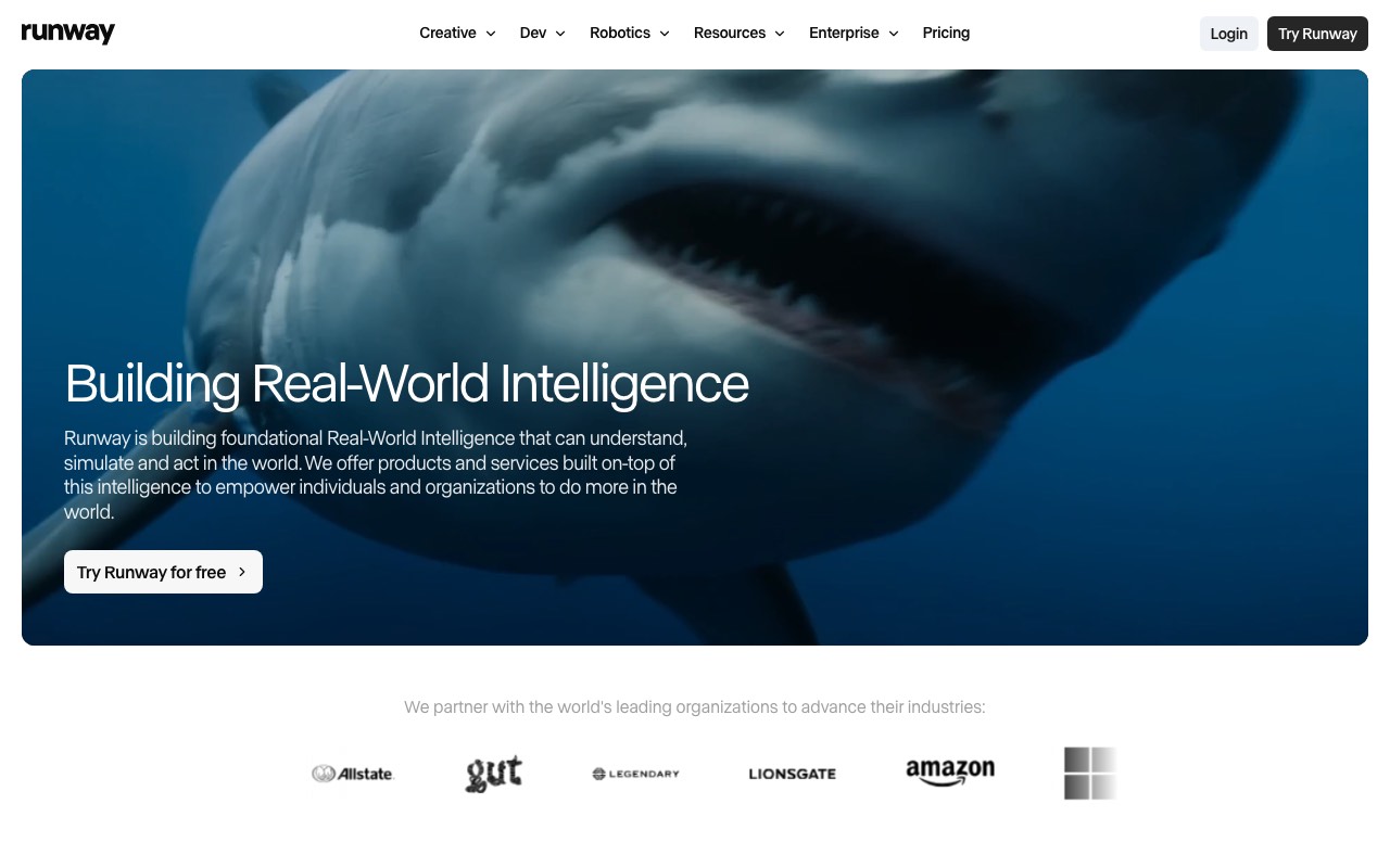 Runway homepage showing its generative video models