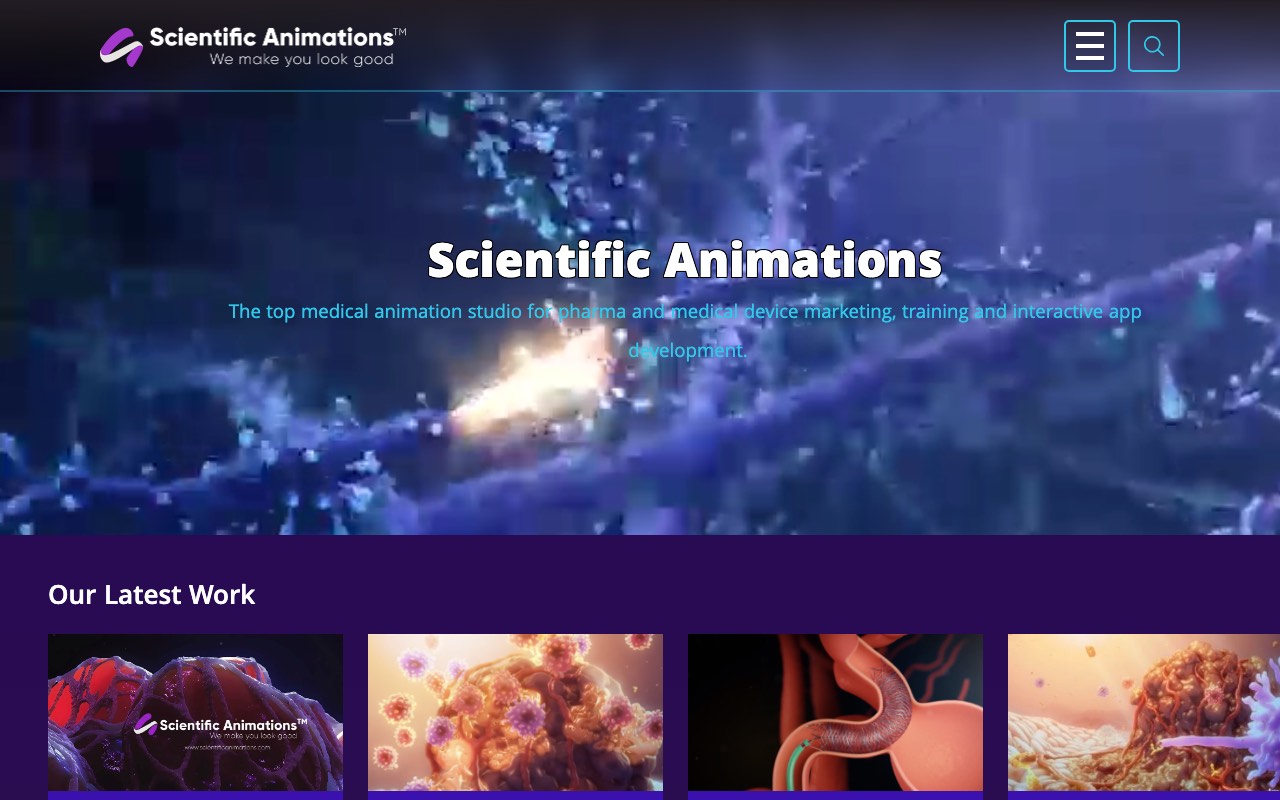Scientific Animations homepage describing the studio as the top medical animation studio for pharma and medical device marketing, training, and interactive app development