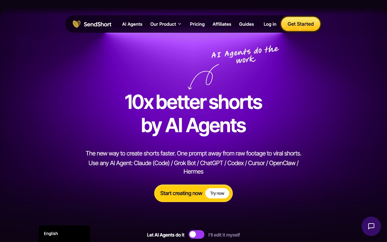 SendShort homepage with the headline 10x better shorts by AI Agents