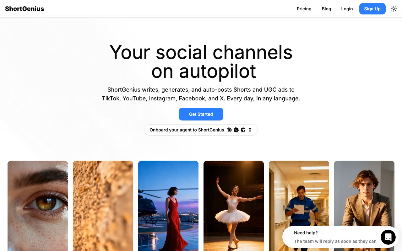 ShortGenius homepage showing AI video, ads and media creation