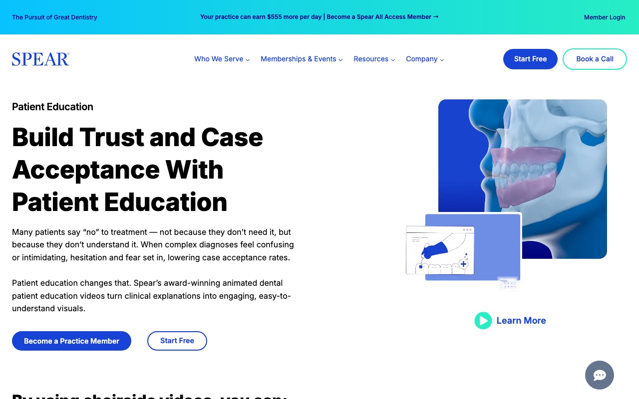 Spear Education patient education page with the headline Patient Education and a 250+ videos claim