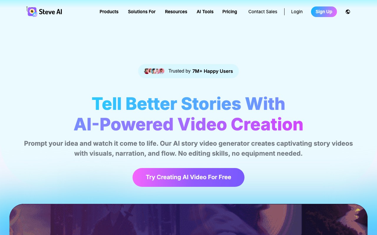 Steve AI homepage with the headline Tell Better Stories With AI-Powered Video Creation