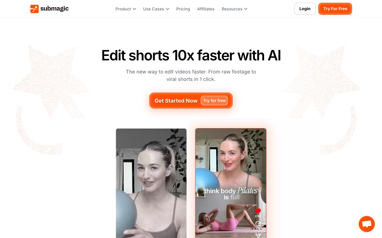 Submagic homepage showing AI editing that turns raw footage into short vertical videos