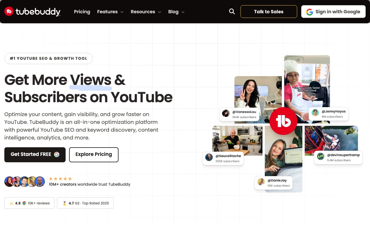 TubeBuddy homepage showing its YouTube SEO and growth tool