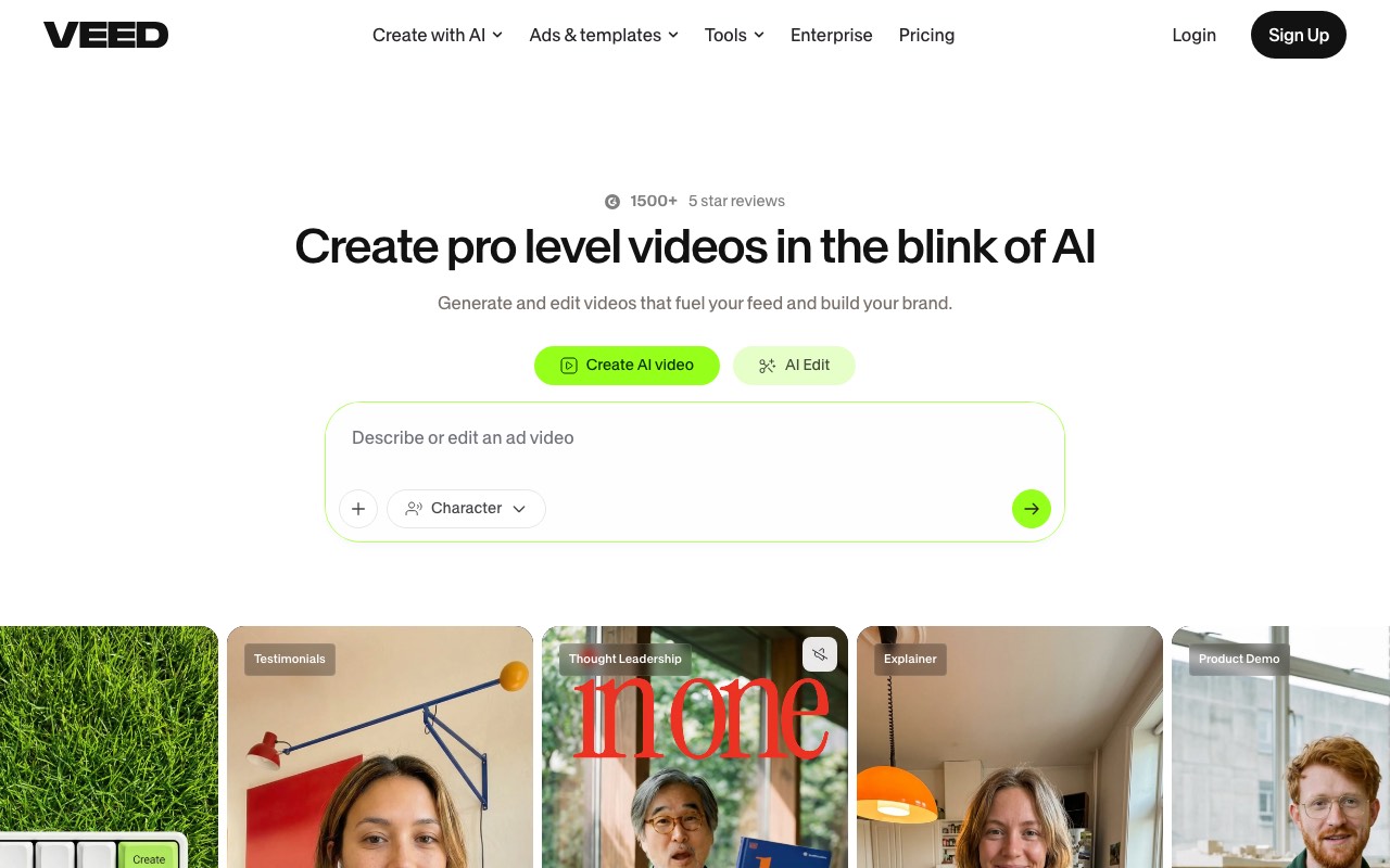 VEED homepage showing AI video creation and editing in the browser