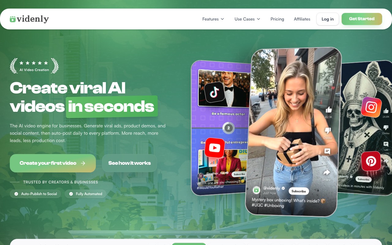 Videnly homepage showing viral AI video creation and auto-publishing